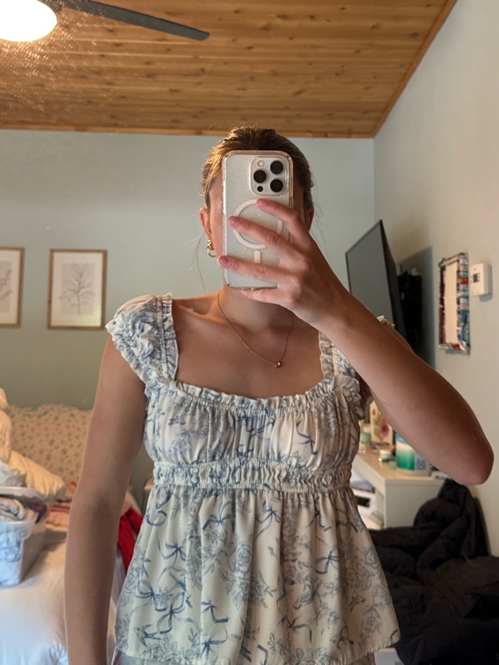Smocked Square-Neck Floral Tank Top in Light Blue